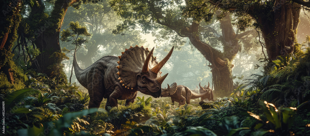 Naklejka premium Triceratops Group in Prehistoric Jungle