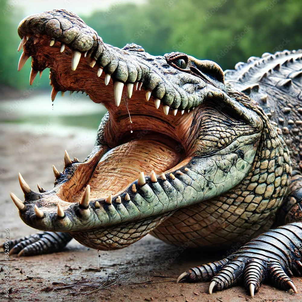 Obraz premium 口を開けるワニ[GenerativeAI]