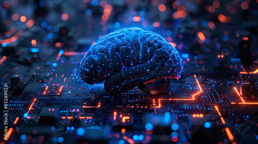 A 3D digital brain illuminated on an electronic circuit board, highlighting concepts of AI and technology A 3D digital brain illuminated on an electronic circuit board, highlighting concepts of AI and technology