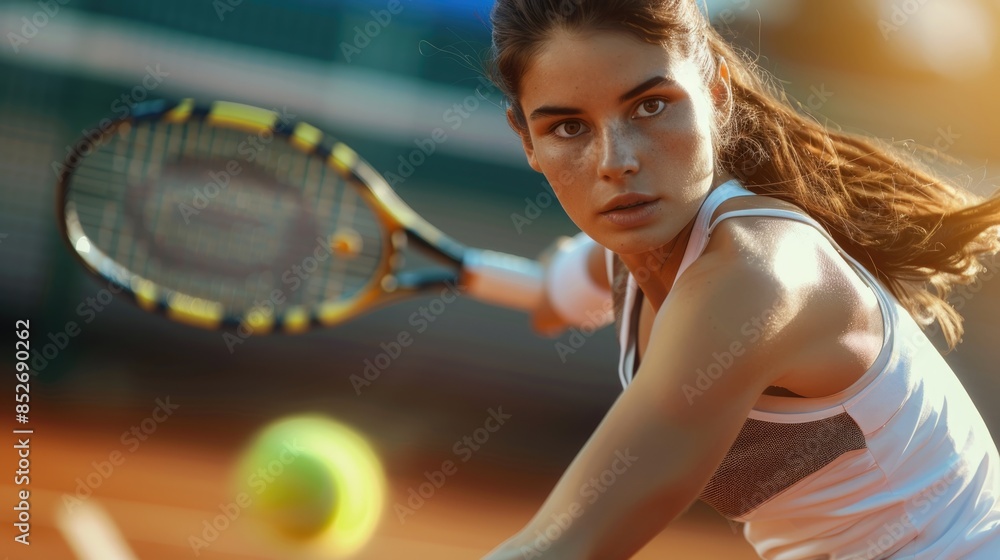 Woman playing tennis at the court and holding racket Woman playing tennis at the court and holding racket