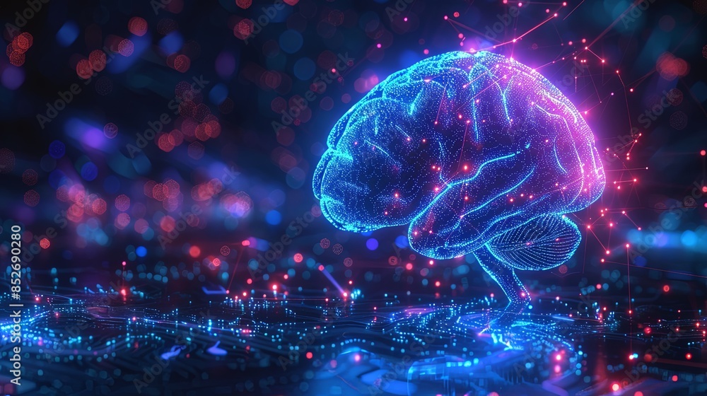 The digital brain glows amidst a network of electronic circuits, depicting AI and machine learning The digital brain glows amidst a network of electronic circuits, depicting AI and machine learning