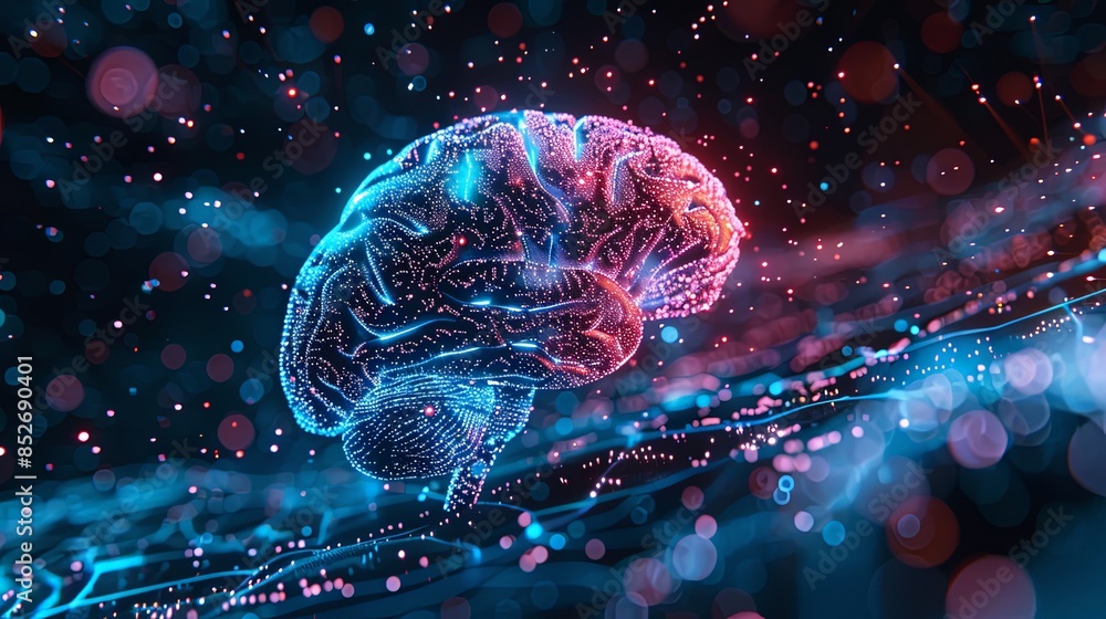 A vivid neon digital brain graphic, emphasizing the interconnection of technology and mind A vivid neon digital brain graphic, emphasizing the interconnection of technology and mind