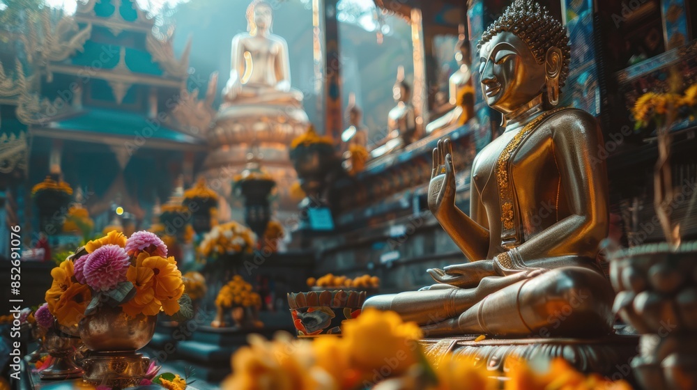 Obraz premium A gold statue of a Buddha sits in a room with many other statues and flowers