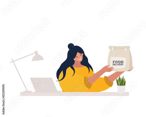 Woman accepting delivery dinner from deliveryman. Flat vector illustration isolated on white background.