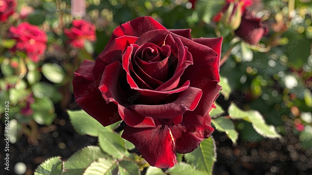View of the dark velvety red rose, the Firefighter, Hybrid Tea Rose blooming in the garden. Wonderful spicy rose fragrance, Commemorative rose View of the dark velvety red rose, the Firefighter, Hybrid Tea Rose blooming in the garden. Wonderful spicy rose fragrance, Commemorative rose