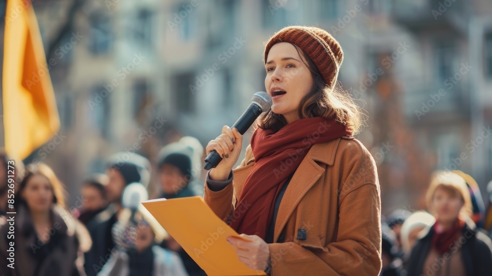 Fototapeta premium Female presenter speaks to audiences at workshop