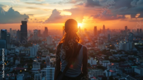 Fototapeta Naklejka Na Ścianę i Meble -  A woman is standing on a rooftop looking out over a city at the sun