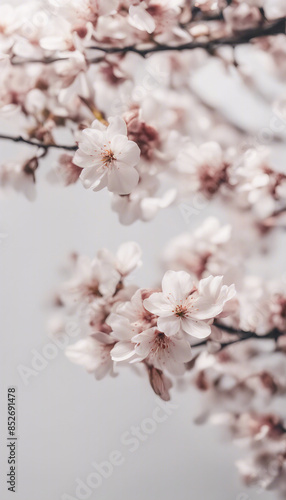 Beautiful spring tree blossoms and petals on white background flat lay © ArtisticLens