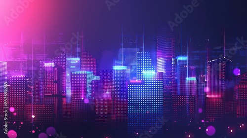 A cityscape with a purple sky and buildings lit up in neon colors