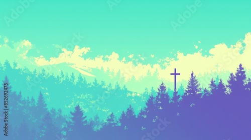 A serene forest landscape with mountainous background, featuring a vibrant color scheme and a prominent cross, emphasizes tranquility and spirituality. photo