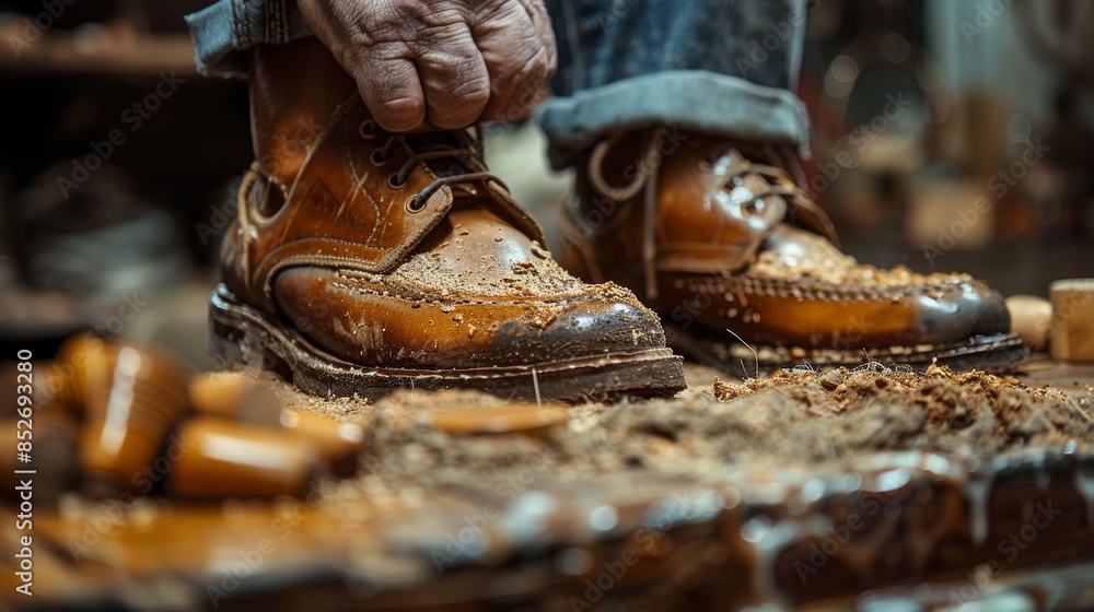 A craftsman's hands gently tightening the laces of worn leather boots, among sawdust and woodworking tools in a rustic workshop, capturing the essence of dedication and craftsmanship A craftsman's hands gently tightening the laces of worn leather boots, among sawdust and woodworking tools in a rustic workshop, capturing the essence of dedication and craftsmanship