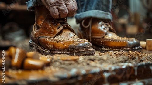 A craftsman's hands gently tightening the laces of worn leather boots, among sawdust and woodworking tools in a rustic workshop, capturing the essence of dedication and craftsmanship