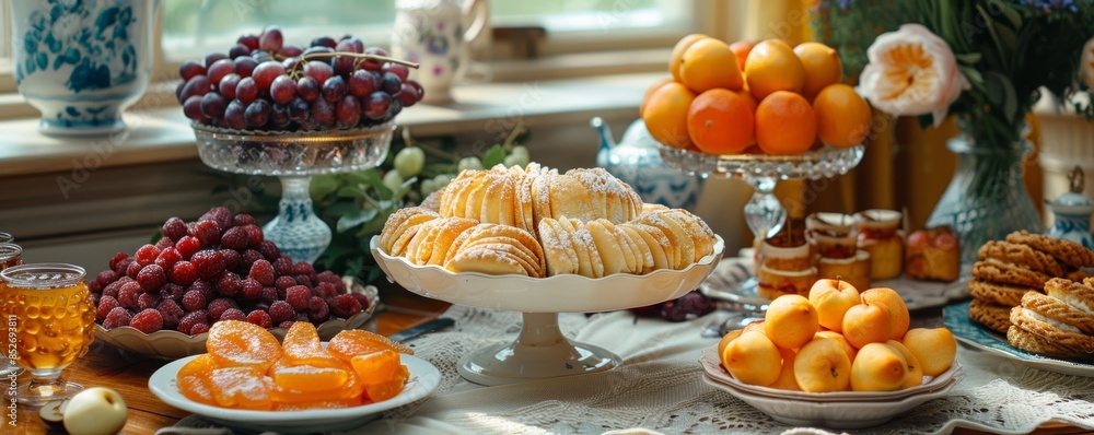 An elegant and vibrant brunch table spread featuring an assortment of fresh fruits including grapes, apricots, and raspberries, alongside pastries and honey An elegant and vibrant brunch table spread featuring an assortment of fresh fruits including grapes, apricots, and raspberries, alongside pastries and honey