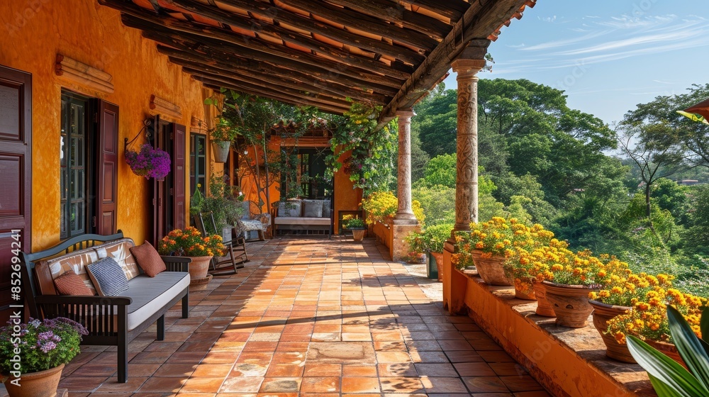 A vibrant and cozy veranda adorned with blooming flowers offering a serene and picturesque view of lush greenery in a sunny natural setting A vibrant and cozy veranda adorned with blooming flowers offering a serene and picturesque view of lush greenery in a sunny natural setting