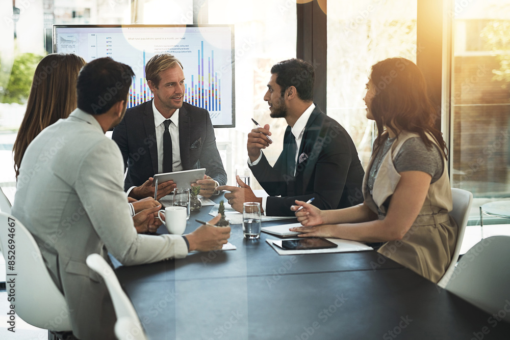 Discussion, tablet and business people in office with planning for corporate investment strategy. Meeting, teamwork and financial agents with company stocks, trading or profit growth in workplace. Discussion, tablet and business people in office with planning for corporate investment strategy. Meeting, teamwork and financial agents with company stocks, trading or profit growth in workplace.