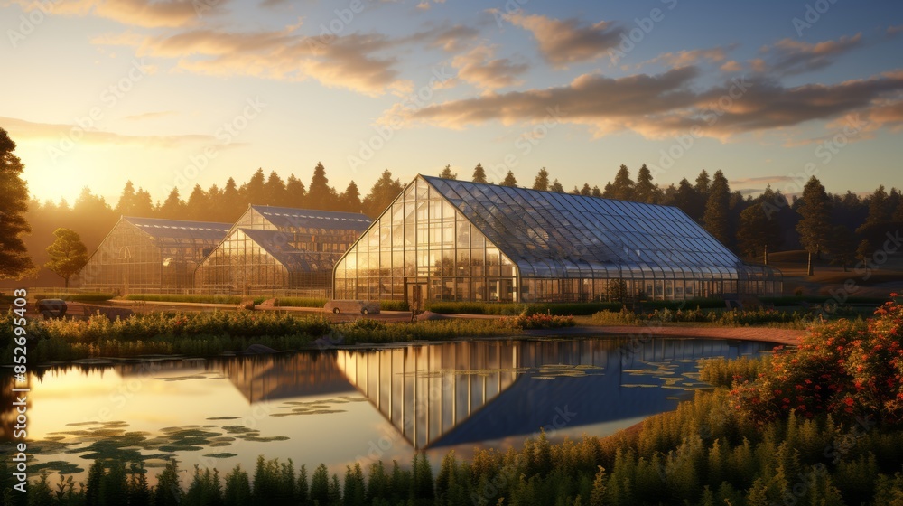 Fototapeta premium Morning sun rays enrich the vegetable greenhouse, promoting vibrant growth and vitality