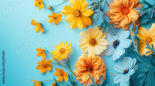 A vibrant floral arrangement of daisies and cosmos flowers set against a serene aqua blue background, exuding a sense of tranquility and natural beauty.