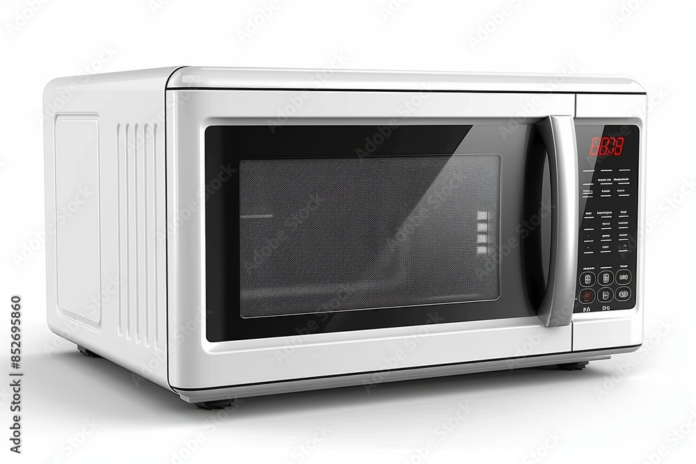 A modern white microwave oven with digital controls and timer, featuring a clear glass door and sleek design, ideal for contemporary kitchen settings A modern white microwave oven with digital controls and timer, featuring a clear glass door and sleek design, ideal for contemporary kitchen settings