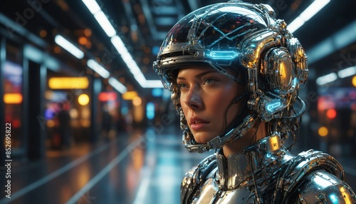 A futuristic cyborg woman wearing a helmet with a holographic interface in a futuristic setting.