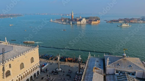 City of Venice in Italy, view above Piazza San Marco square with Doge Palace, Columns of San Marco and San Teodoro and San Giorgio Maggiore Island in the Venetian Lagoon. photo