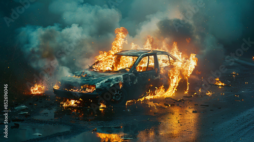 Dramatic night scene of a car engulfed in flames after an accident on a deserted road