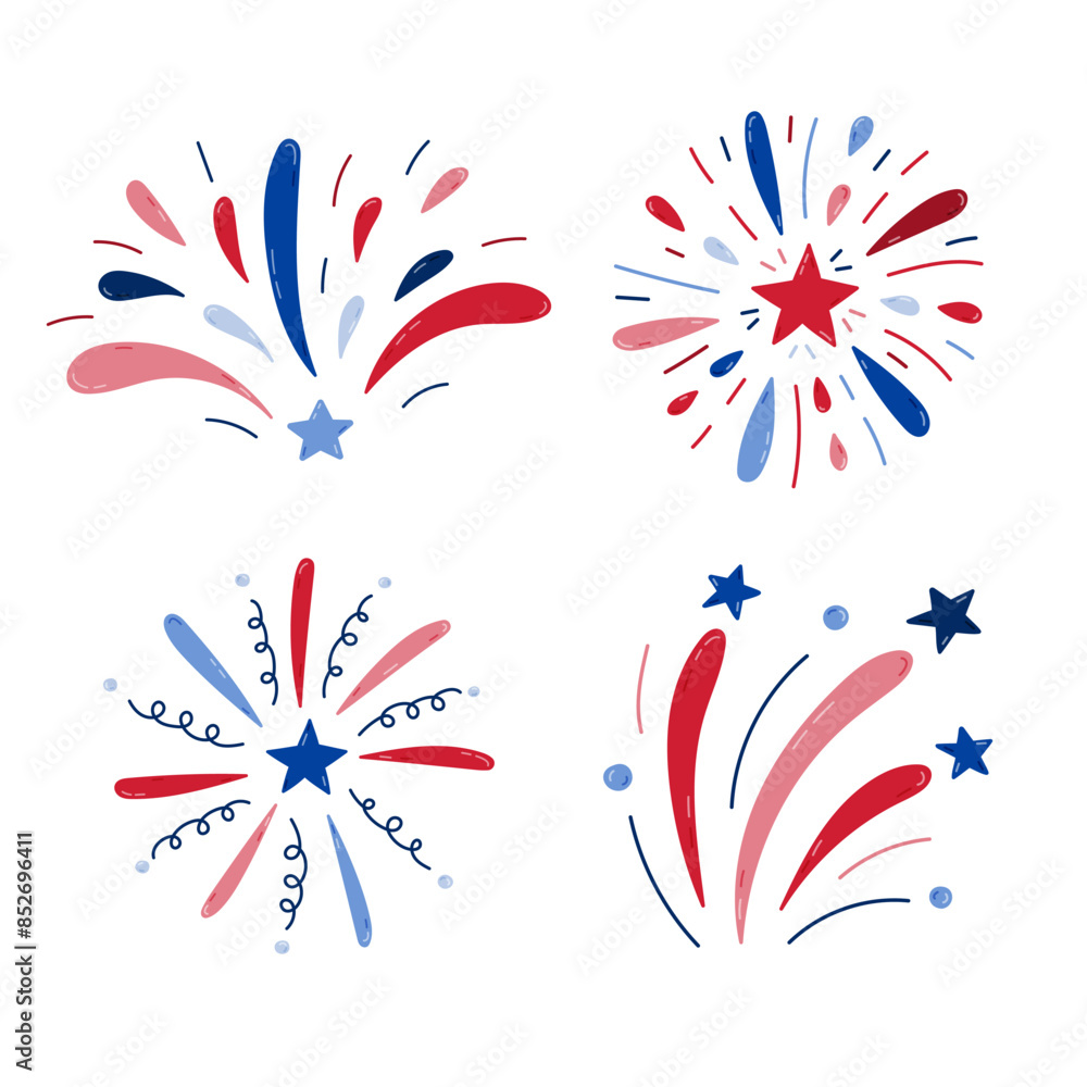 Cute cartoon set with fireworks with stars for holidays, celebration and festival. Sparkling salute as sign of Independence day, 4th July. Hand drawn isolated illustration in colors of USA flag