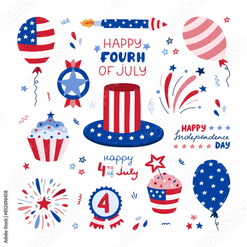Cute set with cartoon patriotic symbols of USA Independence day. Fireworks, Uncle Sam hat, medal, cupcake, balloons, flag, lettering, etc. Hand drawn national signs for 4th July celebration, festival.
