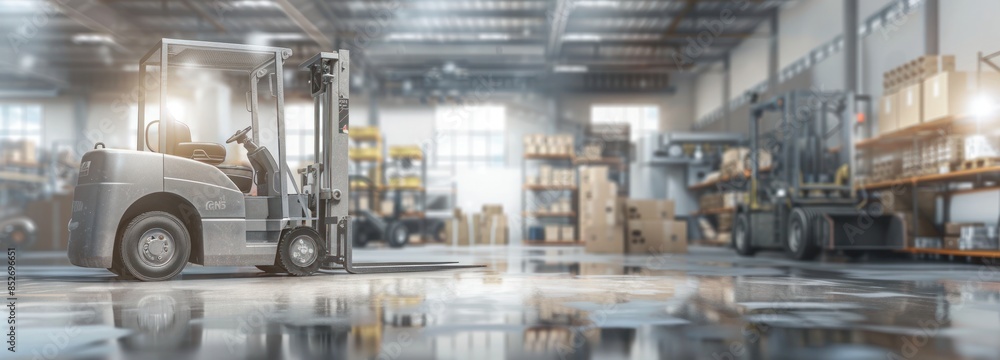 A modern warehouse interior featuring industrial forklifts amidst shelves and boxes, providing an atmosphere of efficiency and organization. A modern warehouse interior featuring industrial forklifts amidst shelves and boxes, providing an atmosphere of efficiency and organization.