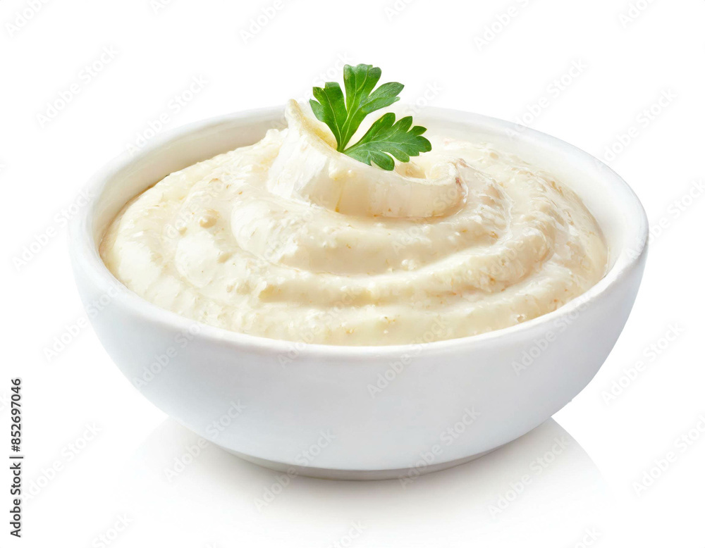 Knoblauch dip in schale isoliert auf weißen Hintergrund, Freisteller Knoblauch dip in schale isoliert auf weißen Hintergrund, Freisteller
