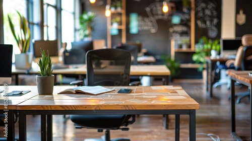 Wallpaper Mural A modern, open-plan office space featuring wooden desks, ergonomic chairs, indoor plants, and a relaxing atmosphere conducive to productivity and creativity. Torontodigital.ca