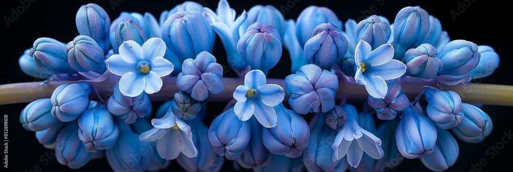 Close-up image of a cluster of vibrant blue flowers and buds on a stem with intricate details and rich colors set against a dark background Close-up image of a cluster of vibrant blue flowers and buds on a stem with intricate details and rich colors set against a dark background
