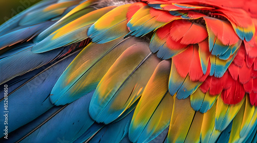Close up of Scarlet macaw bird's feathers, exotic nature background and texture. © Jan
