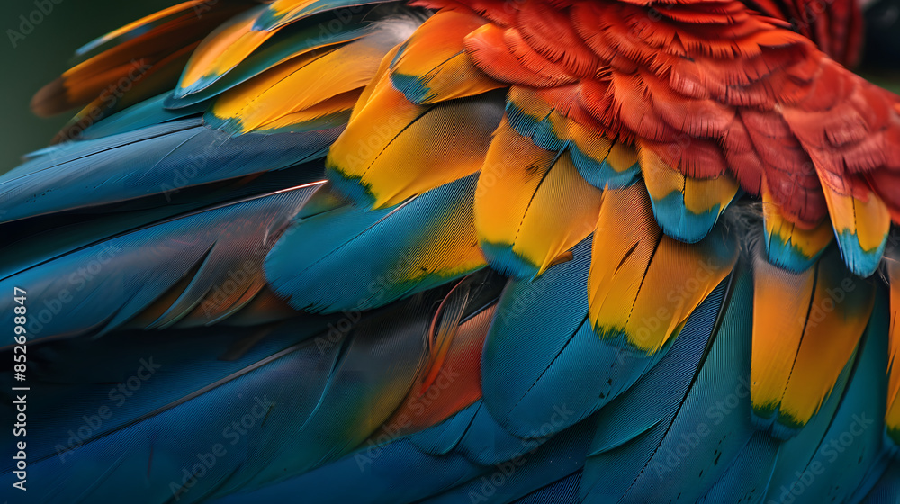 Obraz premium Close up of Scarlet macaw bird's feathers, exotic nature background and texture.