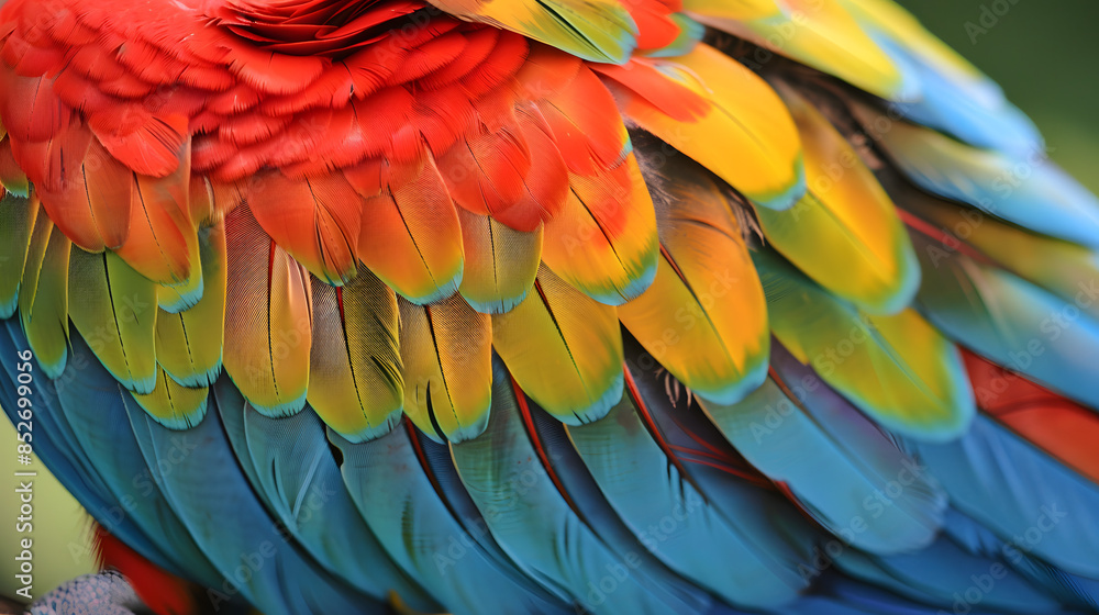 Close up of Scarlet macaw bird's feathers, exotic nature background and texture.