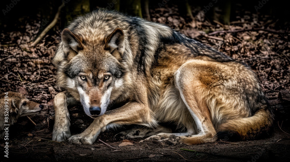 Obraz premium A large wolf and a small animal sitting on the ground, AI