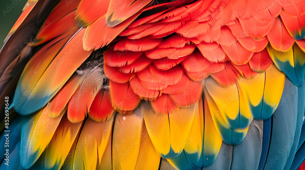 Obraz premium Close up of Scarlet macaw bird's feathers, exotic nature background and texture.