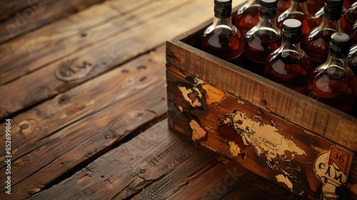 Bottles of alcoholic beverage in rustic wooden crate on table photo