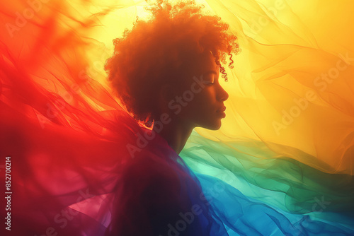 Silhouette of a Black woman with curly hair is wrapped in a vibrant, rainbow-colored fabric, identity freedom, self-expression