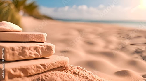 Natural stone podium mock up for cosmetics, products, perfumes or jewellery Beige colour background. photo