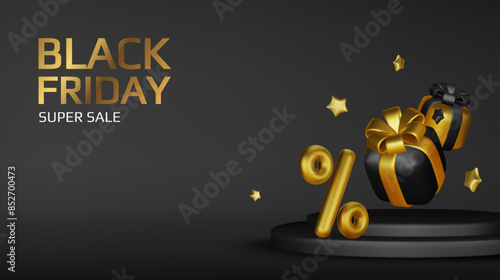 Black Friday Sale. Realistic 3d design stage podium, round studio, gold neon lights, gift box black, black bow, shopping bag. Creative marketing concept. Vector illustration