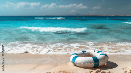 Tranquil beach scene with a lifebuoy in the foreground and azure waters in the background