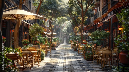 Fototapeta Naklejka Na Ścianę i Meble -  Downtown city district with cafes and outdoor seating. Generative AI.