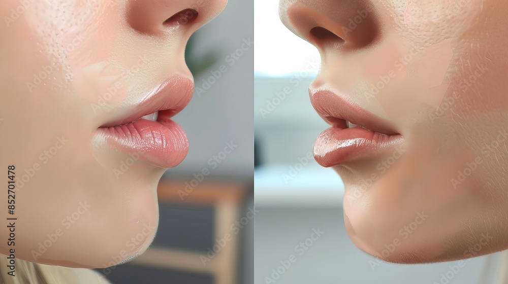 Obraz premium Closeup of Lip Transformation: Stunning Results from Cosmetic Filler Procedure for Fuller, Plumper Lips and Beauty Improvement