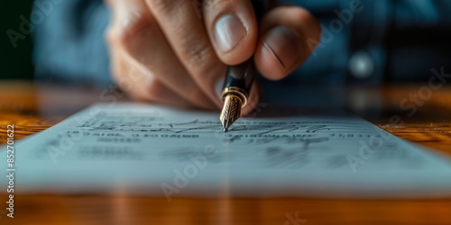 Close-up image capturing a hand holding a pen, signing an official document on a wooden surface with a blurred background, symbolizing authorization and formal agreements