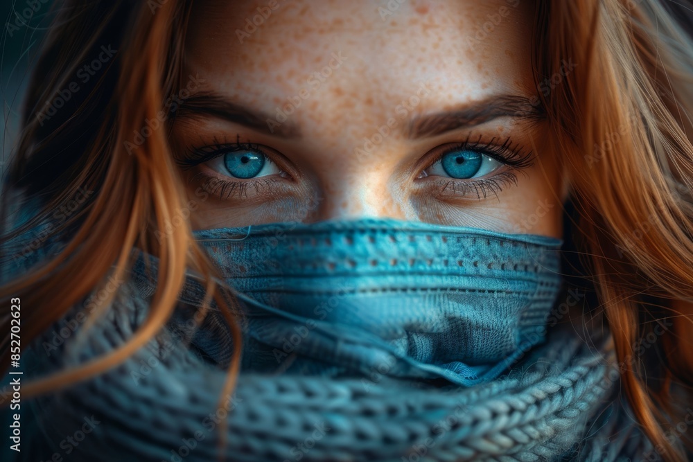 An enigmatic close-up portrait of a person with captivating blue eyes, covered with a blue face mask and wrapped in a cozy knitted scarf An enigmatic close-up portrait of a person with captivating blue eyes, covered with a blue face mask and wrapped in a cozy knitted scarf