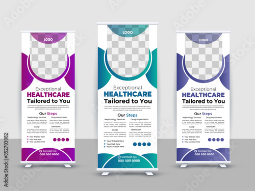 Medical Roll up Banner Design Template. Vector healthcare and medical care roll up stand banner design x roll up banner design template.