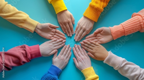 Wallpaper Mural Eight diverse hands reaching towards the center forming a circle of unity, collaboration, and teamwork on a vibrant blue background, showing colorful sleeves from different individuals Torontodigital.ca