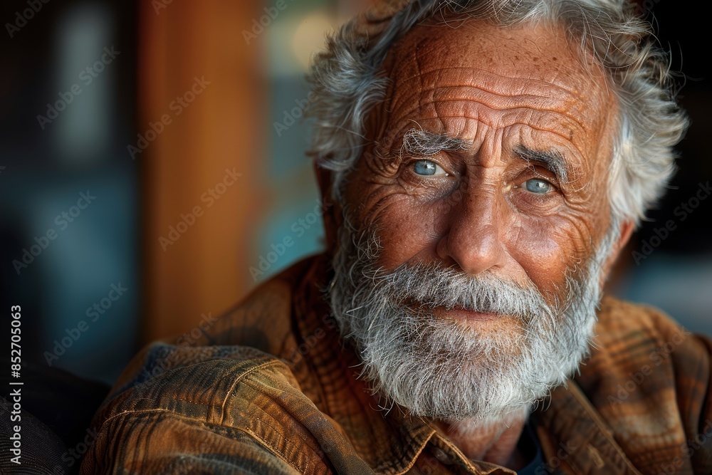 Portrait of a Distinguished Elder Man with Graying Hair and Beard, Wearing a Plaid Shirt, Exuding Wisdom and Experience Through His Expressive Blue Eyes Portrait of a Distinguished Elder Man with Graying Hair and Beard, Wearing a Plaid Shirt, Exuding Wisdom and Experience Through His Expressive Blue Eyes