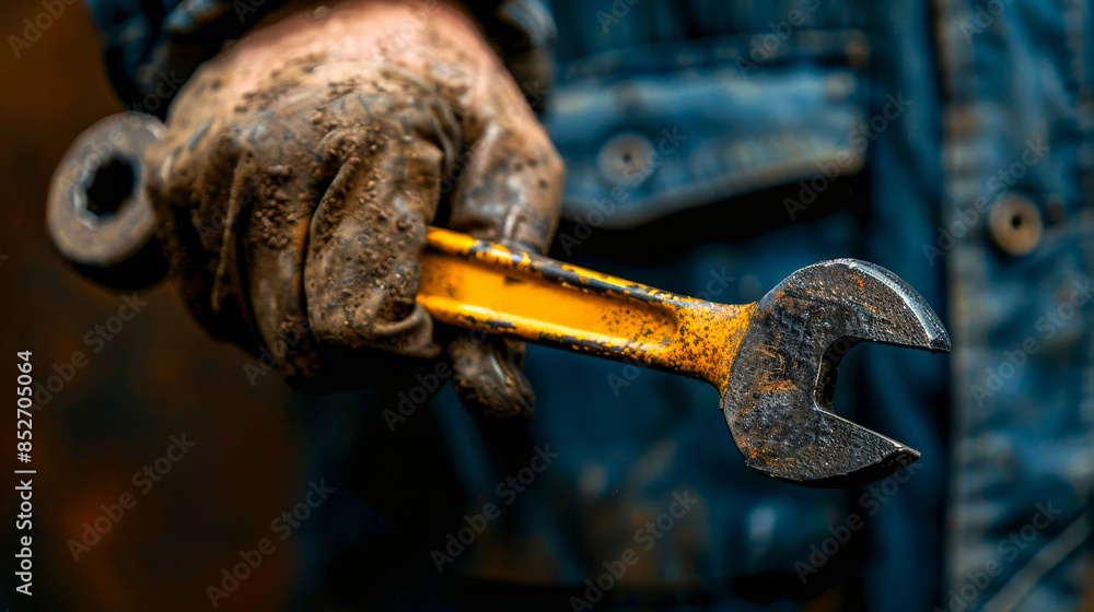 Close-up of a dirty hand holding a wrench tool, showcasing hard work and manual labor in a workshop or industrial setting. Close-up of a dirty hand holding a wrench tool, showcasing hard work and manual labor in a workshop or industrial setting.