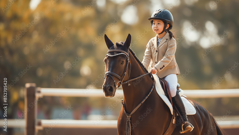 Obraz premium A young equestrian jumping over a hurdle on a chestnut horse